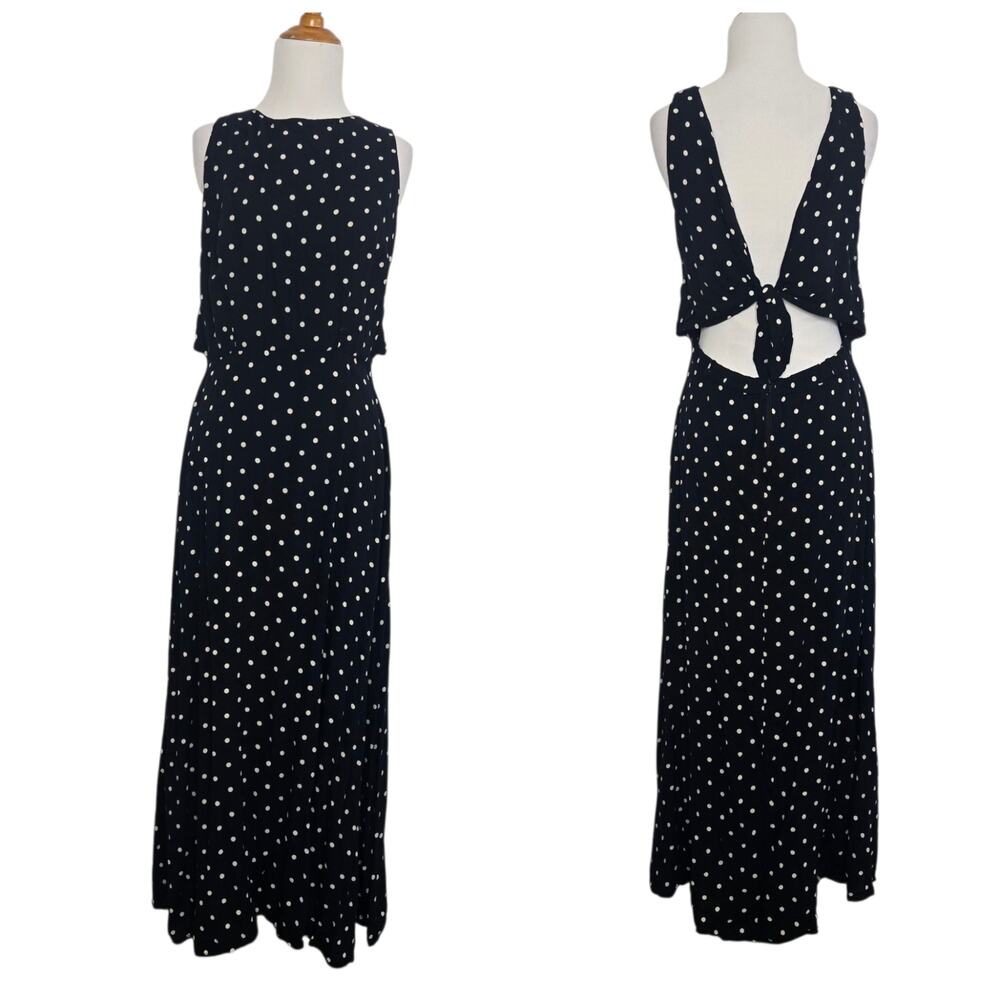Vintage Women Euro Girl Summer Polka Dot Maxi Dress Tie Back Black Chic Rayon 7